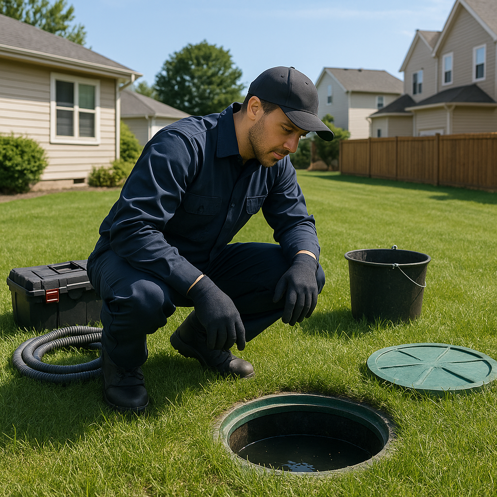 Septic technician inspecting system at a Apex home